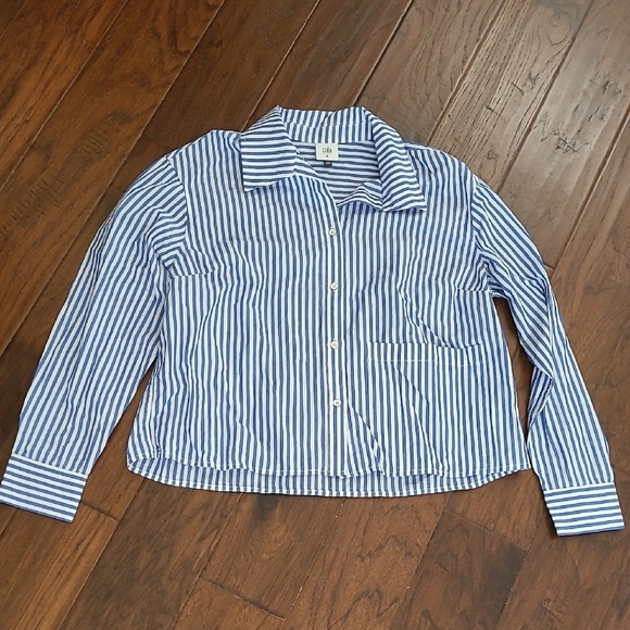 CAbi Blue and White Striped Button-up Crop Shirt size Medium - Picture 1 of 9